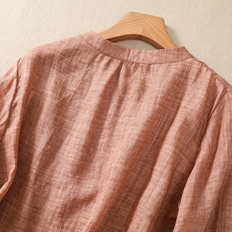 Buddha Stonesカジュアル デイリー 無地 ボタン フリルデザイン スタンドカラー レディース コットン リネン 七分袖 シャツ カーディガン - image 18