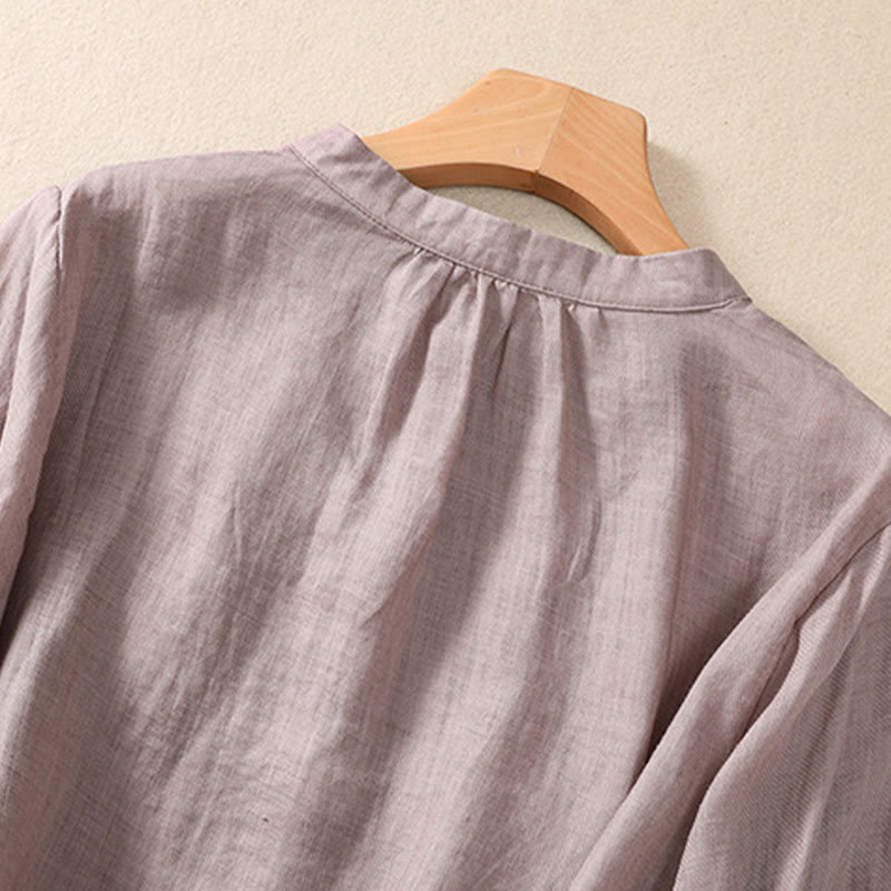 Buddha Stonesカジュアル デイリー 無地 ボタン フリルデザイン スタンドカラー レディース コットン リネン 七分袖 シャツ カーディガン - image 3