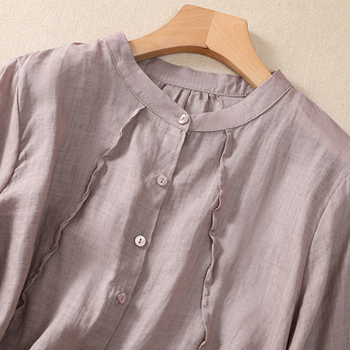 Buddha Stonesカジュアル デイリー 無地 ボタン フリルデザイン スタンドカラー レディース コットン リネン 七分袖 シャツ カーディガン - image 2