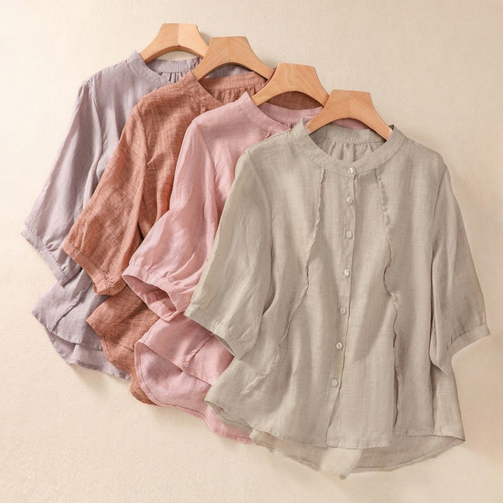 Buddha Stonesカジュアル デイリー 無地 ボタン フリルデザイン スタンドカラー レディース コットン リネン 七分袖 シャツ カーディガン - image 32