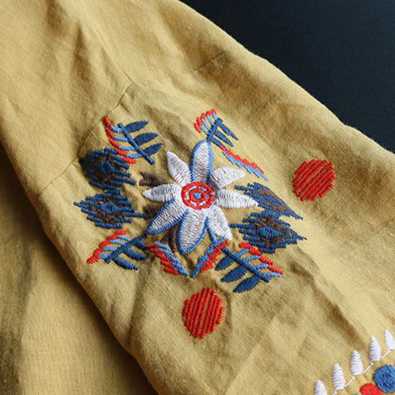 Buddha Stonesレトロ アーティスティック 刺繍 花柄 クルーネック レディース コットン リネン 半袖 Tシャツ - image 16