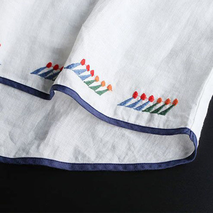 Buddha Stonesレトロ アーティスティック 刺繍 花柄 クルーネック レディース コットン リネン 半袖 Tシャツ - image 7