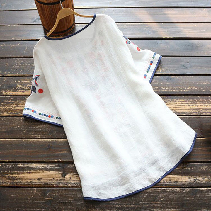 Buddha Stonesレトロ アーティスティック 刺繍 花柄 クルーネック レディース コットン リネン 半袖 Tシャツ - image 1