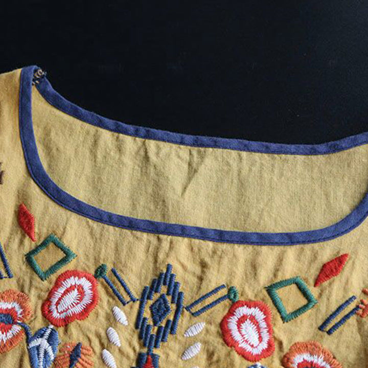 Buddha Stonesレトロ アーティスティック 刺繍 花柄 クルーネック レディース コットン リネン 半袖 Tシャツ - image 14