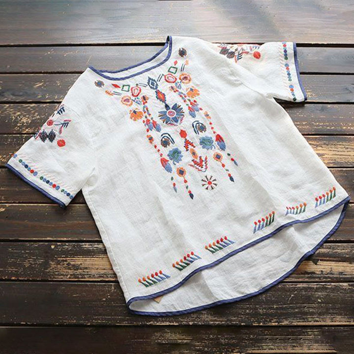 Buddha Stonesレトロ アーティスティック 刺繍 花柄 クルーネック レディース コットン リネン 半袖 Tシャツ - image 2