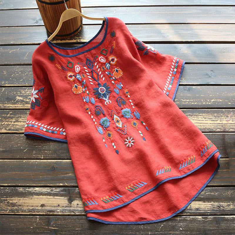 Buddha Stonesレトロ アーティスティック 刺繍 花柄 クルーネック レディース コットン リネン 半袖 Tシャツ - 赤 - US14、 UK/AU18、 EU46 (4XL) - image 8