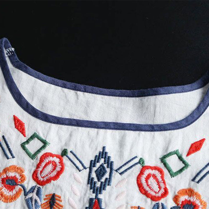 Buddha Stonesレトロ アーティスティック 刺繍 花柄 クルーネック レディース コットン リネン 半袖 Tシャツ - image 3