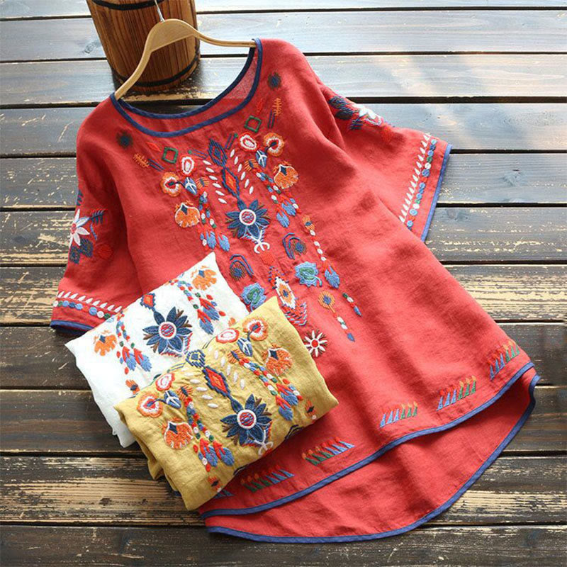 Buddha Stonesレトロ アーティスティック 刺繍 花柄 クルーネック レディース コットン リネン 半袖 Tシャツ - image 17