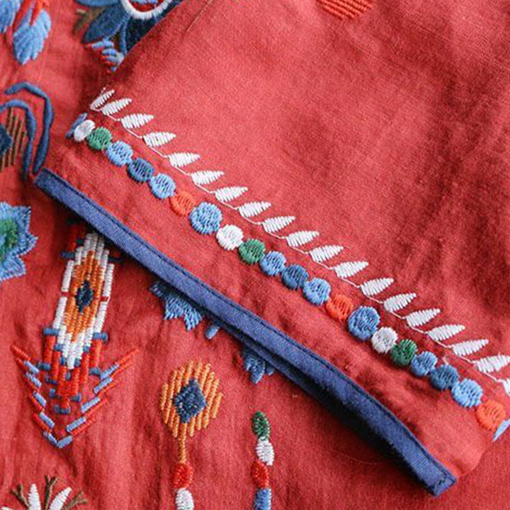 Buddha Stonesレトロ アーティスティック 刺繍 花柄 クルーネック レディース コットン リネン 半袖 Tシャツ - image 11