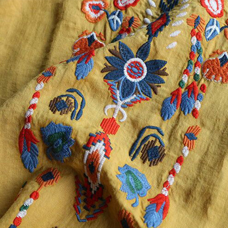 Buddha Stonesレトロ アーティスティック 刺繍 花柄 クルーネック レディース コットン リネン 半袖 Tシャツ - image 15