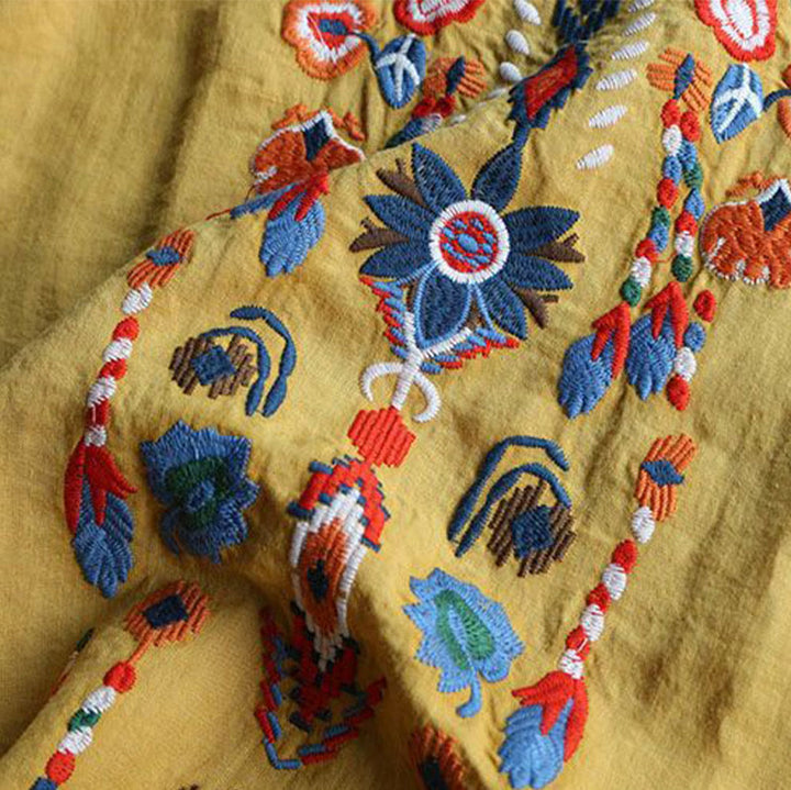 Buddha Stonesレトロ アーティスティック 刺繍 花柄 クルーネック レディース コットン リネン 半袖 Tシャツ - image 15