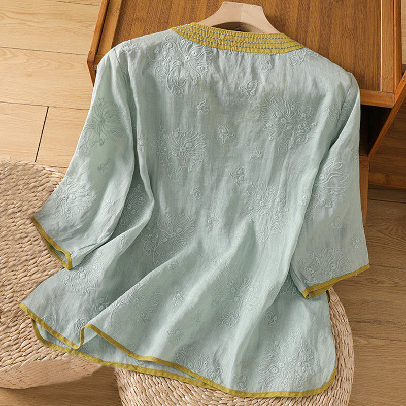 Buddha Stonesサマー ヴィンテージ 刺繍 植物 花柄 レースアップデザイン Vネック レディース コットンリネン シャツ - image 18