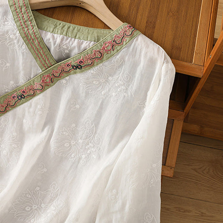 Buddha Stonesサマー ヴィンテージ 刺繍 植物 花柄 レースアップデザイン Vネック レディース コットンリネン シャツ - image 11