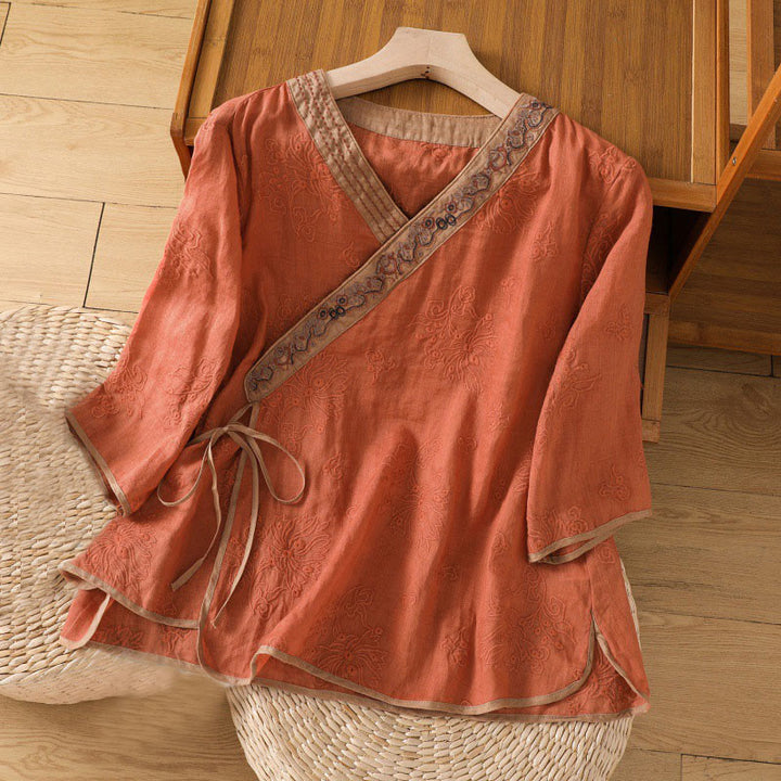 Buddha Stonesサマー ヴィンテージ 刺繍 植物 花柄 レースアップデザイン Vネック レディース コットンリネン シャツ - オレンジレッド - US8-10，UK/AU12-14，EU40-42 (2XL) - image 0
