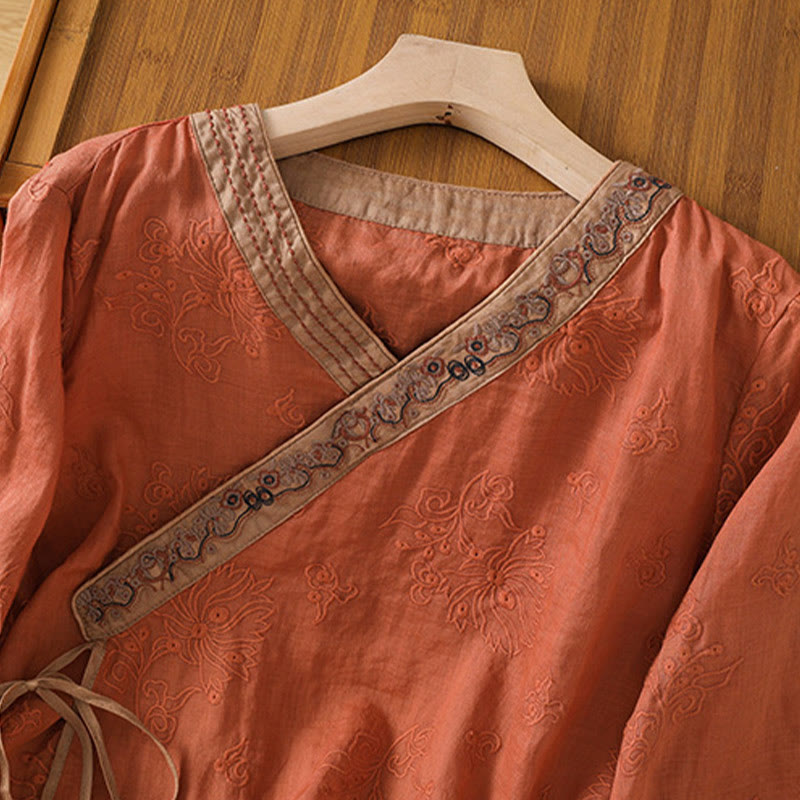 Buddha Stonesサマー ヴィンテージ 刺繍 植物 花柄 レースアップデザイン Vネック レディース コットンリネン シャツ - image 2