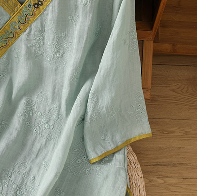 Buddha Stonesサマー ヴィンテージ 刺繍 植物 花柄 レースアップデザイン Vネック レディース コットンリネン シャツ - image 23