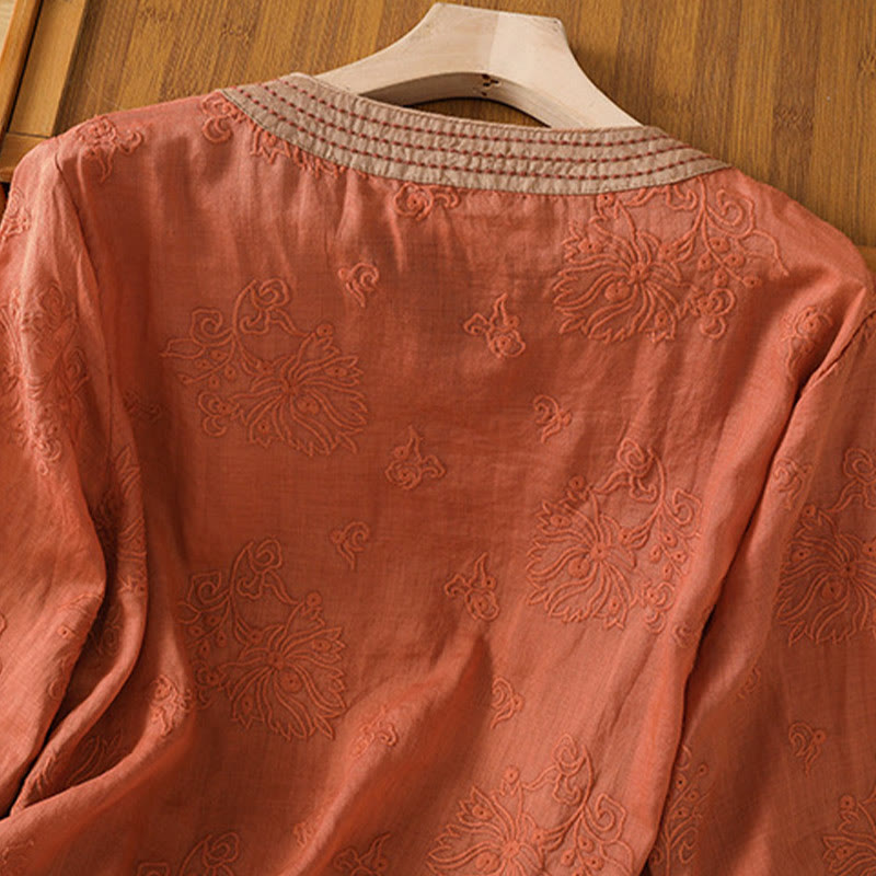 Buddha Stonesサマー ヴィンテージ 刺繍 植物 花柄 レースアップデザイン Vネック レディース コットンリネン シャツ - image 3