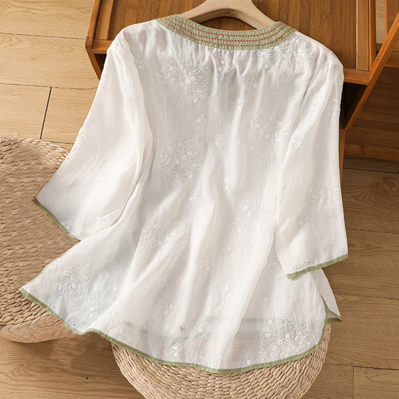 Buddha Stonesサマー ヴィンテージ 刺繍 植物 花柄 レースアップデザイン Vネック レディース コットンリネン シャツ - image 8