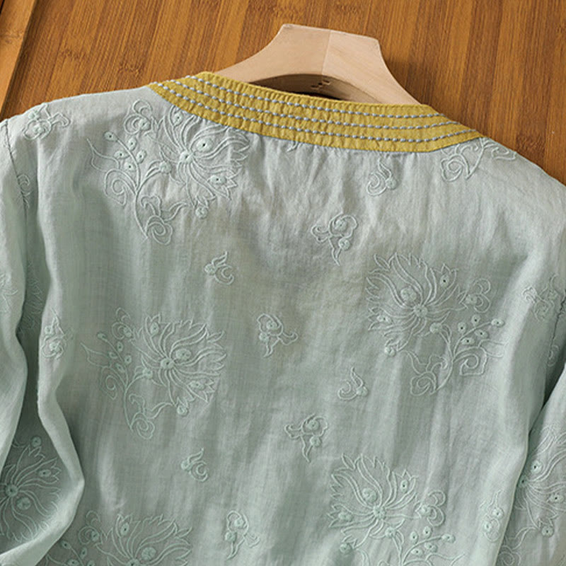 Buddha Stonesサマー ヴィンテージ 刺繍 植物 花柄 レースアップデザイン Vネック レディース コットンリネン シャツ - image 20