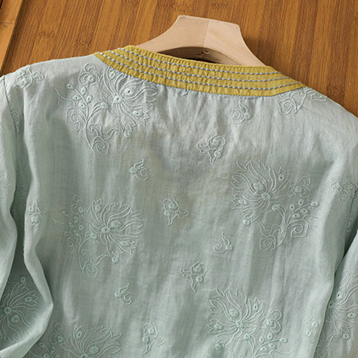 Buddha Stonesサマー ヴィンテージ 刺繍 植物 花柄 レースアップデザイン Vネック レディース コットンリネン シャツ - image 20