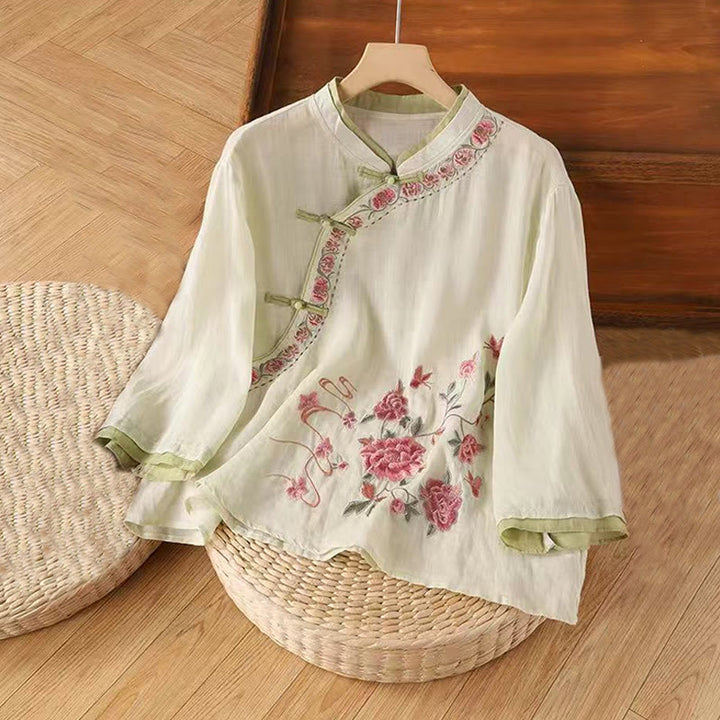 Buddha Stonesヴィンテージ 禅刺繍 植物 花柄 中国風 カエルボタンデザイン 七分袖 レディース コットンリネン シャツ - 薄黄色 - US12、 UK/AU16、EU44（4XL） - image 3