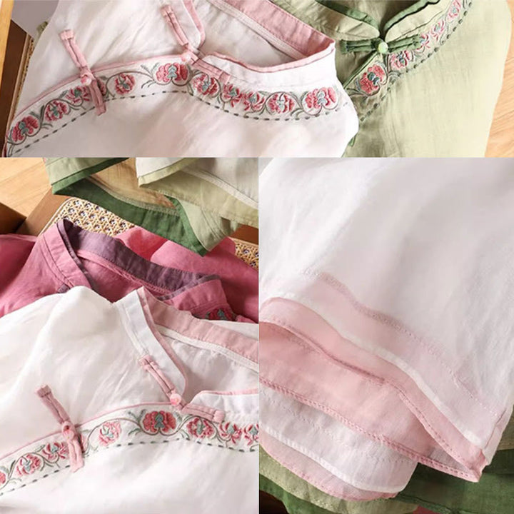 Buddha Stonesヴィンテージ 禅刺繍 植物 花柄 中国風 カエルボタンデザイン 七分袖 レディース コットンリネン シャツ - image 6