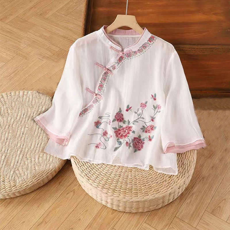 Buddha Stonesヴィンテージ 禅刺繍 植物 花柄 中国風 カエルボタンデザイン 七分袖 レディース コットンリネン シャツ - ラベンダーブラッシュ - US12、 UK/AU16、EU44（4XL） - image 1