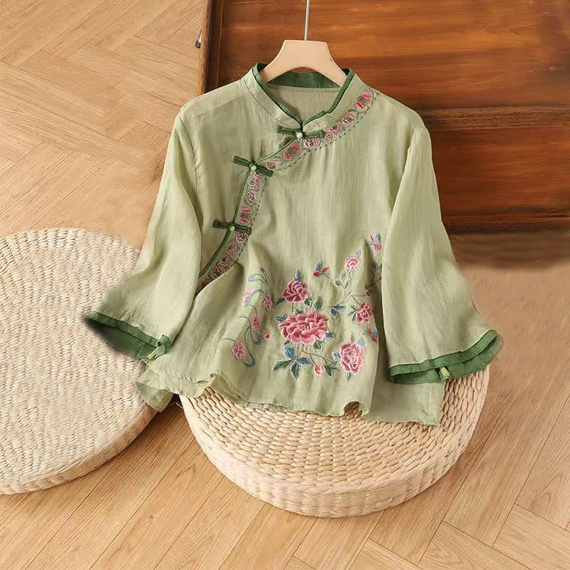 Buddha Stonesヴィンテージ 禅刺繍 植物 花柄 中国風 カエルボタンデザイン 七分袖 レディース コットンリネン シャツ - ライトグリーン - US12、 UK/AU16、EU44（4XL） - image 0