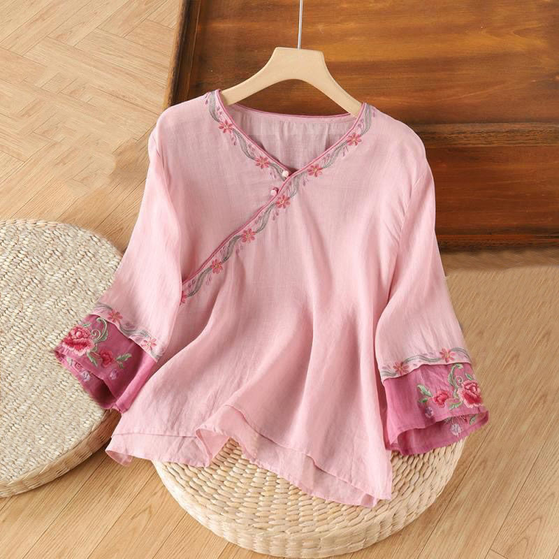 Buddha Stones春のレトロ刺繍ボタンデザイン七分袖レディースコットンシャツ - ライトピンク - US14、 UK/AU18、 EU46 (4XL) - image 1