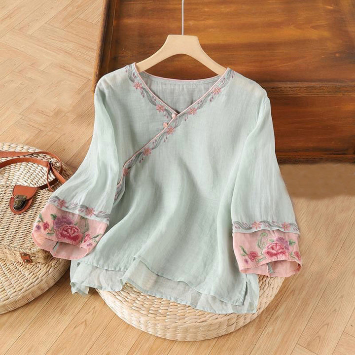 Buddha Stones春のレトロ刺繍ボタンデザイン七分袖レディースコットンシャツ - パウダーブルー - US14、 UK/AU18、 EU46 (4XL) - image 4