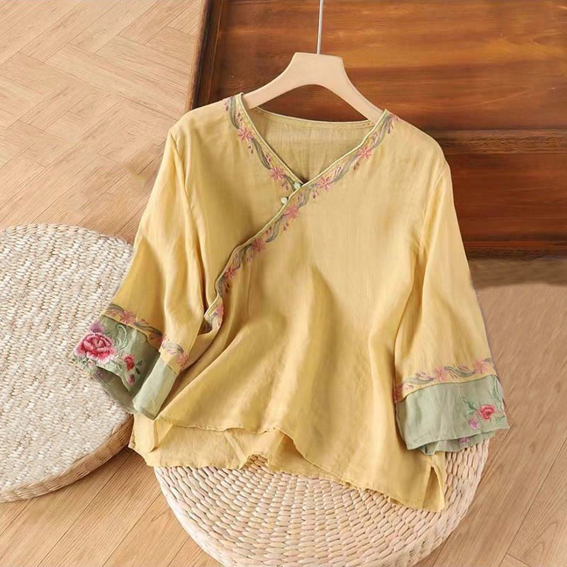 Buddha Stones春のレトロ刺繍ボタンデザイン七分袖レディースコットンシャツ - カーキ - US14、 UK/AU18、 EU46 (4XL) - image 5