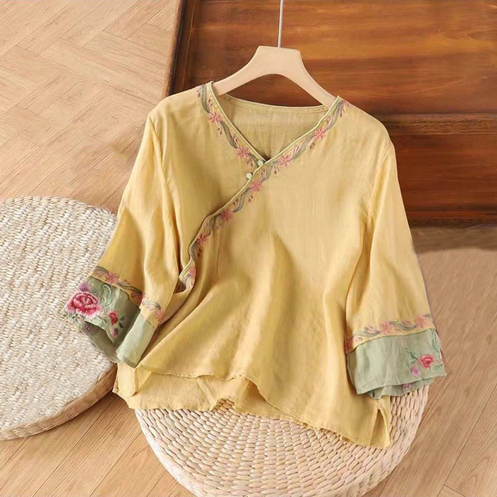 Buddha Stones春のレトロ刺繍ボタンデザイン七分袖レディースコットンシャツ - カーキ - US14、 UK/AU18、 EU46 (4XL) - image 5