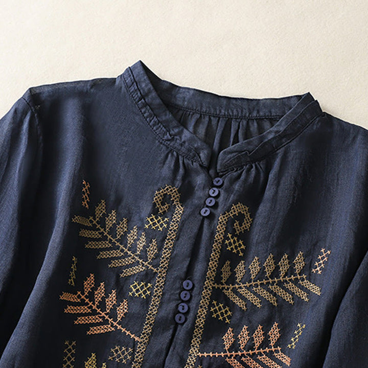 Buddha Stonesのカジュアルな芸術的な刺繍が施された葉模様のレディース七分袖シャツ - image 9