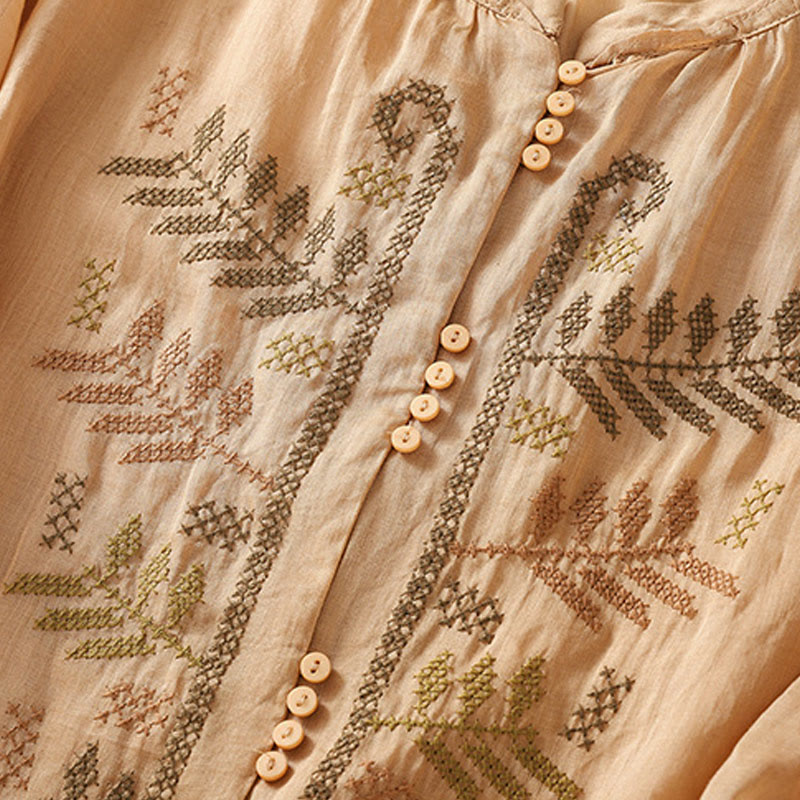 Buddha Stonesカジュアル アーティスティック 刺繍 葉っぱ柄 レディース コットンリネン 七分袖 シャツ カーディガン - image 5