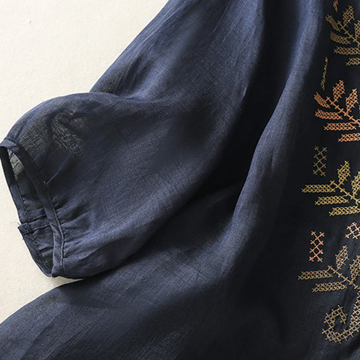 Buddha Stonesのカジュアルな芸術的な刺繍が施された葉模様のレディース七分袖シャツ - image 11