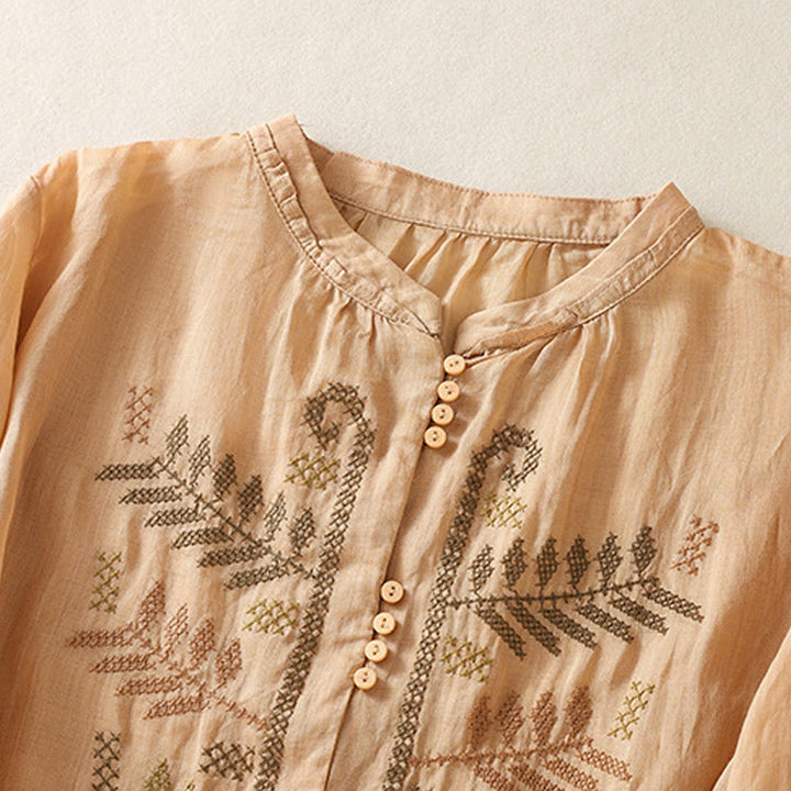 Buddha Stonesカジュアル アーティスティック 刺繍 葉っぱ柄 レディース コットンリネン 七分袖 シャツ カーディガン - image 2