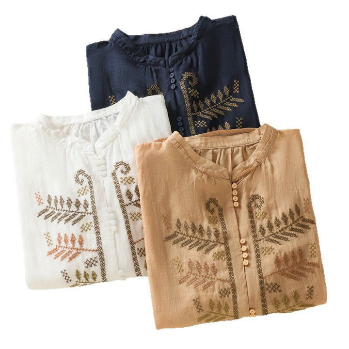 Buddha Stonesのカジュアルな芸術的な刺繍が施された葉模様のレディース七分袖シャツ - image 24