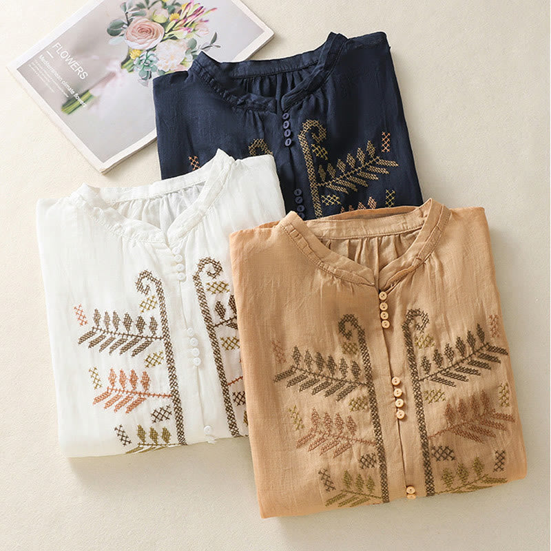 Buddha Stonesのカジュアルな芸術的な刺繍が施された葉模様のレディース七分袖シャツ - image 23