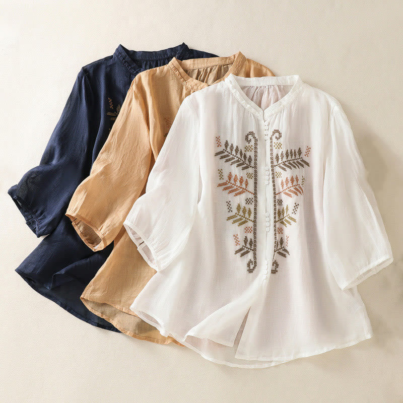 Buddha Stonesのカジュアルな芸術的な刺繍が施された葉模様のレディース七分袖シャツ - image 22