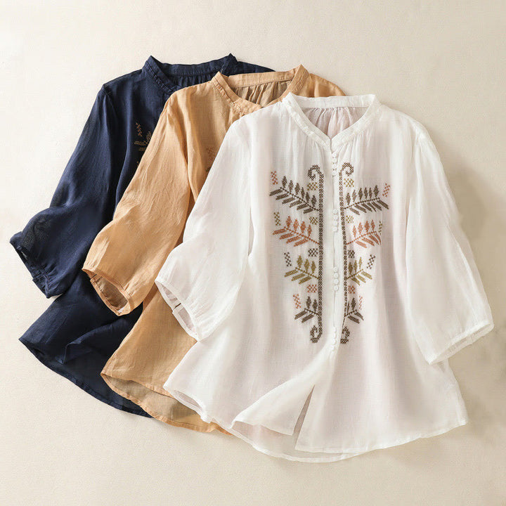Buddha Stonesのカジュアルな芸術的な刺繍が施された葉模様のレディース七分袖シャツ - image 22