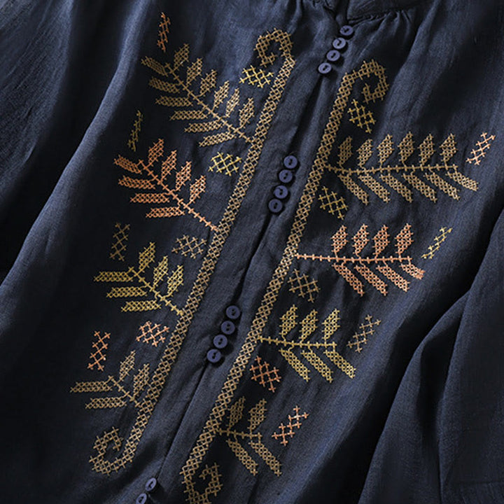 Buddha Stonesのカジュアルな芸術的な刺繍が施された葉模様のレディース七分袖シャツ - image 12