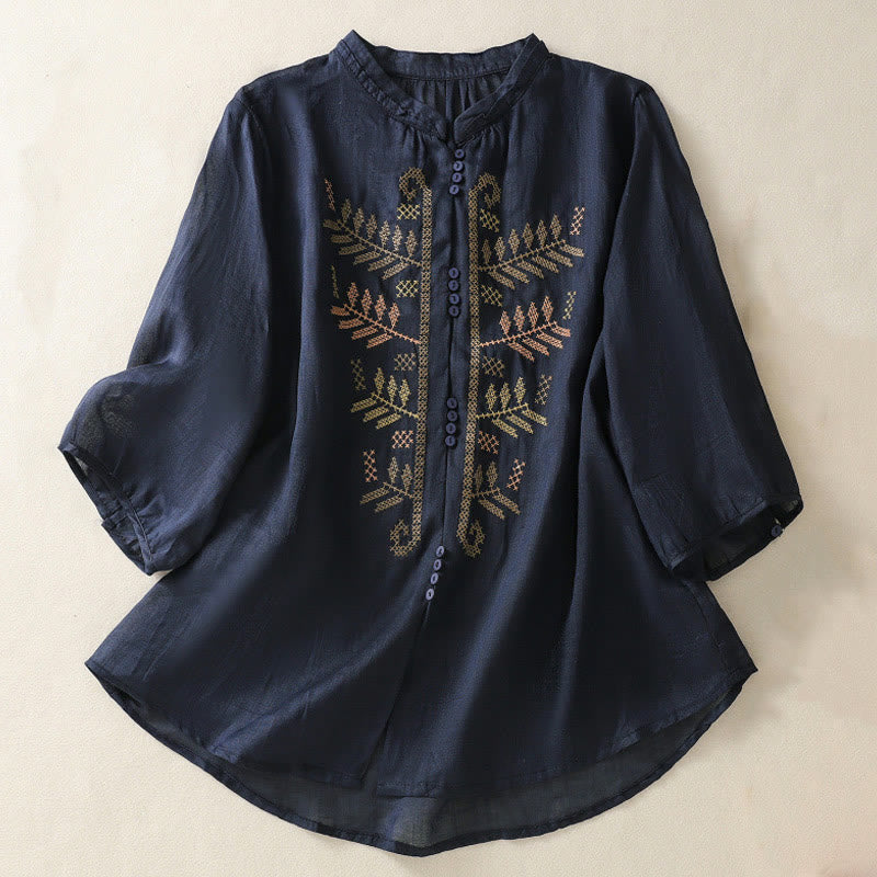 Buddha Stonesのカジュアルな芸術的な刺繍が施された葉模様のレディース七分袖シャツ - ミッドナイトブルー - US8-10，UK/AU12-14，EU40-42 (2XL) - image 8