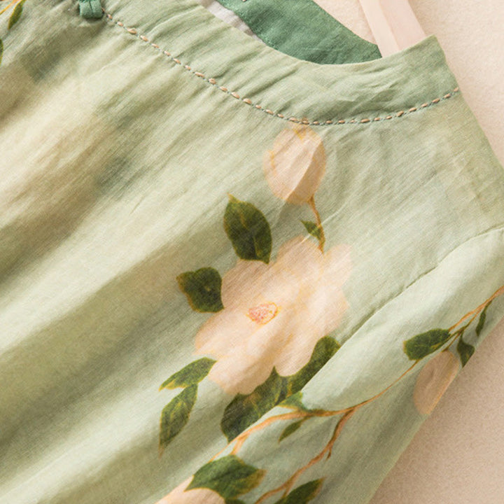 Buddha Stonesライトグリーン カジュアル アーティスティックプリント 花柄 中国風 カエルボタンデザイン レディース コットンリネン 長袖シャツ カーディガン - image 4