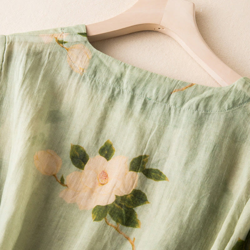 Buddha Stonesライトグリーン カジュアル アーティスティックプリント 花柄 中国風 カエルボタンデザイン レディース コットンリネン 長袖シャツ カーディガン - image 5