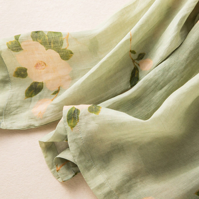 Buddha Stonesライトグリーン カジュアル アーティスティックプリント 花柄 中国風 カエルボタンデザイン レディース コットンリネン 長袖シャツ カーディガン - image 10