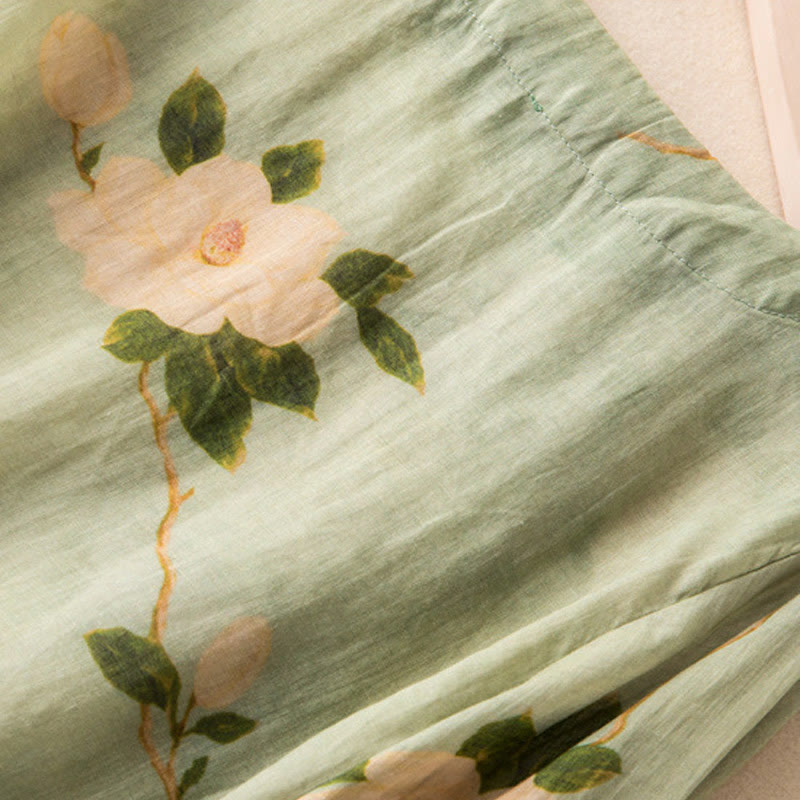 Buddha Stonesライトグリーン カジュアル アーティスティックプリント 花柄 中国風 カエルボタンデザイン レディース コットンリネン 長袖シャツ カーディガン - image 11