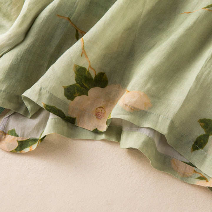 Buddha Stonesライトグリーン カジュアル アーティスティックプリント 花柄 中国風 カエルボタンデザイン レディース コットンリネン 長袖シャツ カーディガン - image 15