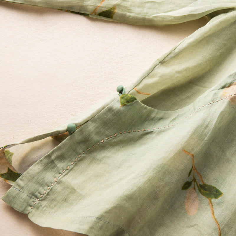 Buddha Stonesライトグリーン カジュアル アーティスティックプリント 花柄 中国風 カエルボタンデザイン レディース コットンリネン 長袖シャツ カーディガン - image 13