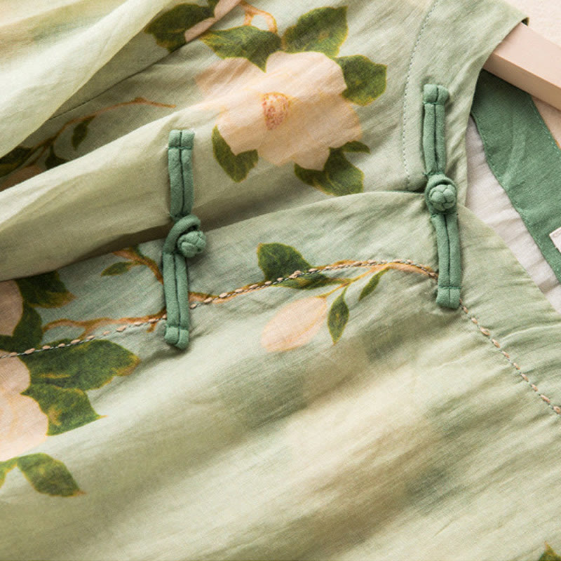 Buddha Stonesライトグリーン カジュアル アーティスティックプリント 花柄 中国風 カエルボタンデザイン レディース コットンリネン 長袖シャツ カーディガン - image 6