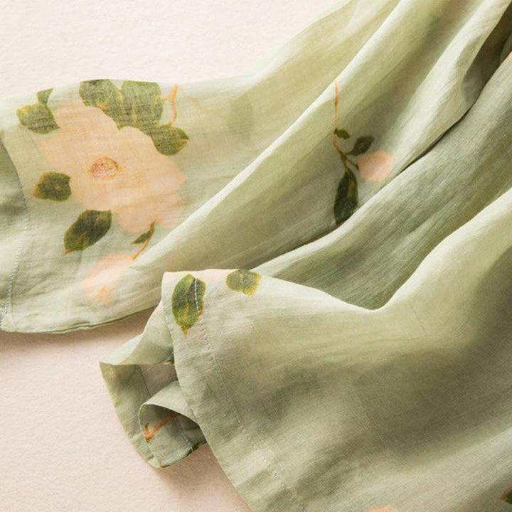 Buddha Stonesライトグリーン カジュアル アーティスティックプリント 花柄 中国風 カエルボタンデザイン レディース コットンリネン 長袖シャツ カーディガン - image 10